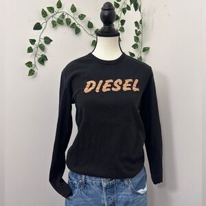 Diesel Black Long Sleeve Casual Tee With Embroidered Logo Size M Cotton